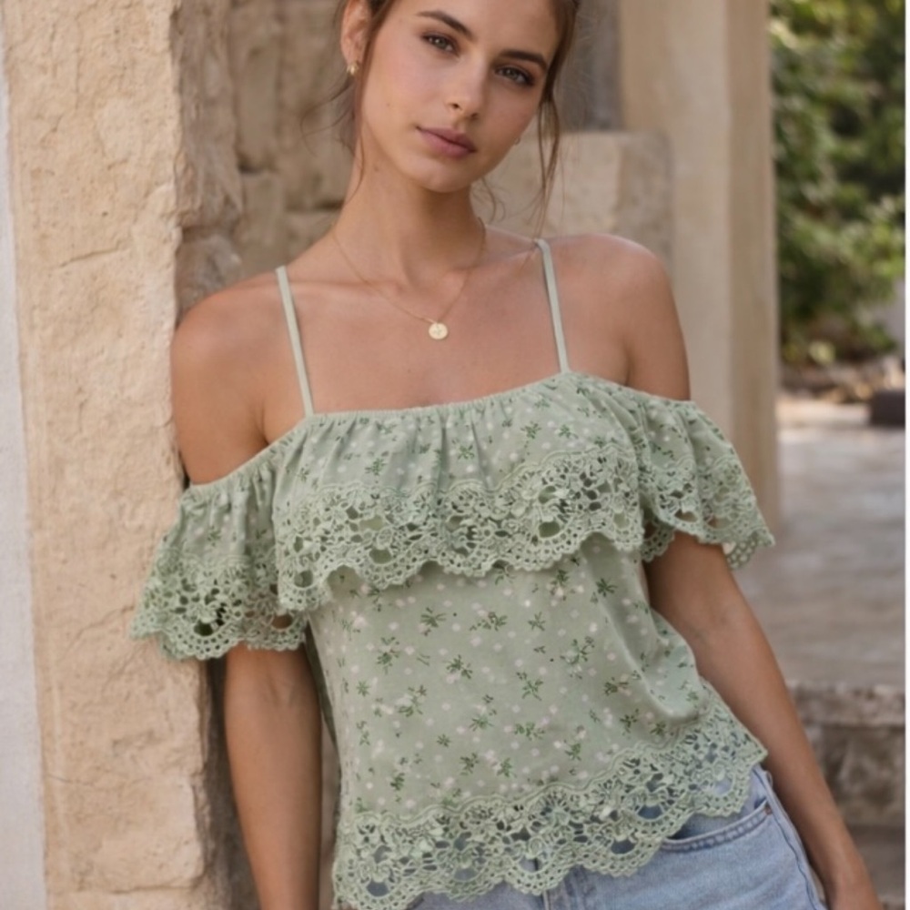 Women Tops - Sage Green Off-Shoulder Lace Trim Cami